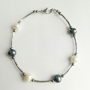 8 Inches Silver Grey And White Pearl Bracelet Sterling Silver